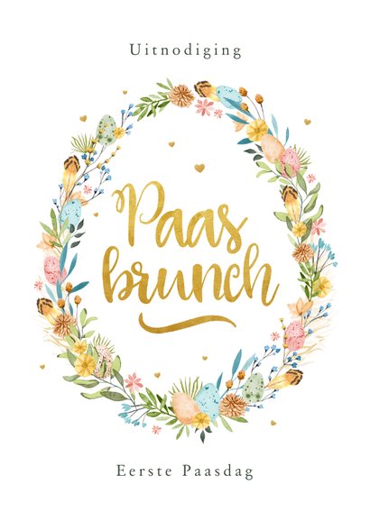 Uitnodiging Paasbrunch Paasei Bloemen Krans Kaartje Go