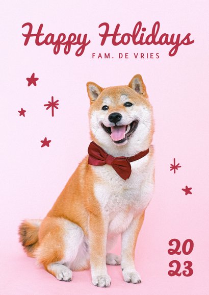 Vrolijke Roze Kerstkaart Met Hond Met Strik En Kaartje Go