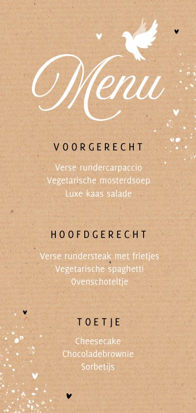 Communiefeest Menu Kraftpapier Duif Hartjes Kaartje2go