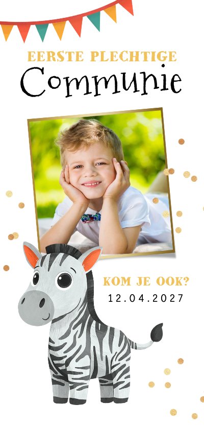 Communiekaart Met Zebra Eigen Foto Confetti En Kaartje2go