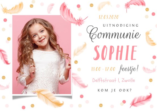 Uitnodigingskaart Veertjes Confetti Communie Kaartje Go