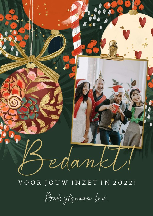 Kerstkaart Bedankt Kerstballen Goudfolie Foto Kaartje2go