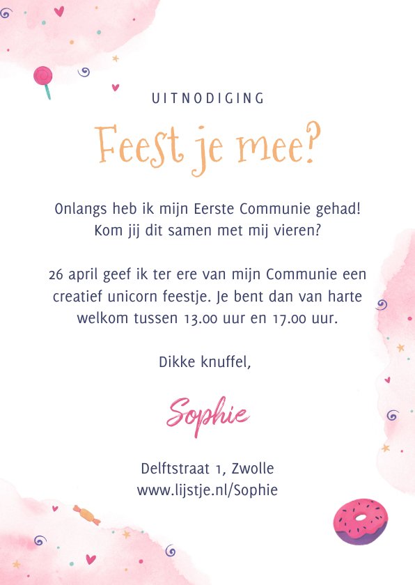 Uitnodiging Lentefeest Communie Eenhoorn Roze Kaartje2go