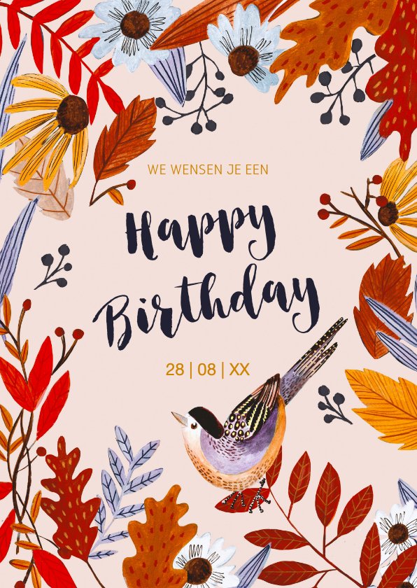 Verjaardagskaart Herfst Bloemen En Vogel Kaartje Go