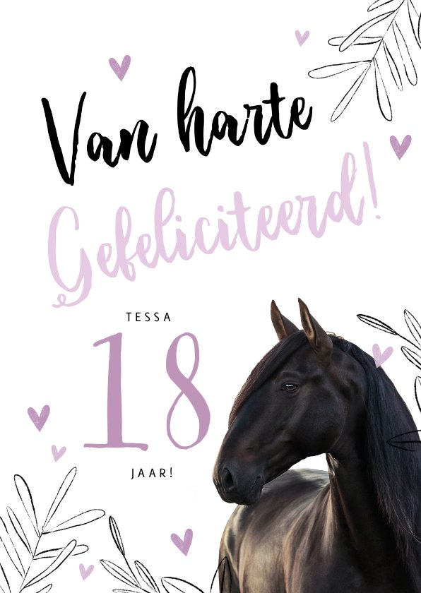 Verjaardagskaart Paard Met Lila Hartjes En Kaartje Go