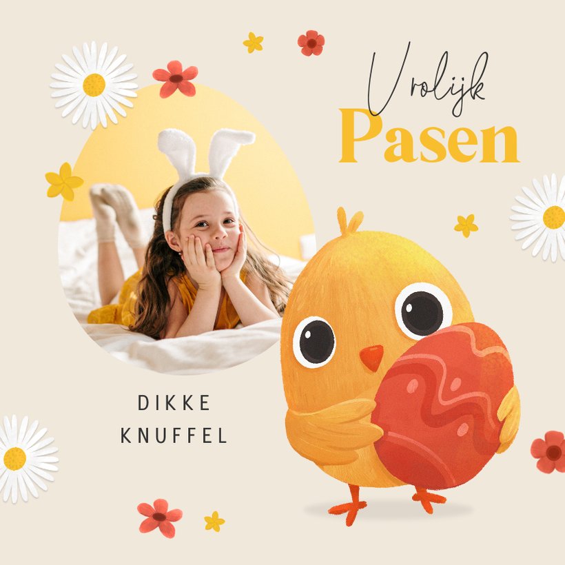 Vrolijk Pasen Kuiken Paasei Bloemen Foto Kaartje Go