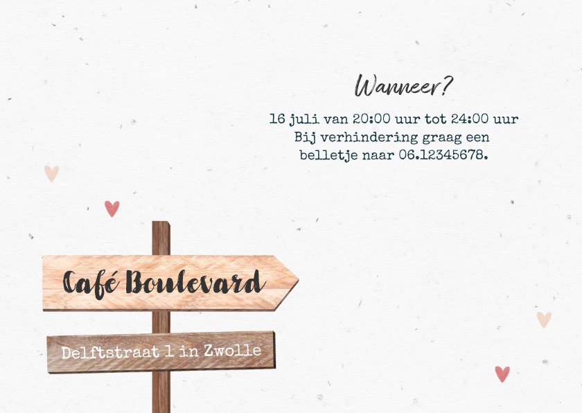 Uitnodigingskaart Vrouw Wegwijzers Hout Hartjes Kaartje2go