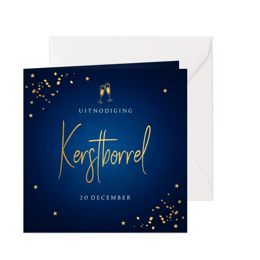 Kerstborrel Uitnodiging Blauw Goudlook Confetti Kaartje2go