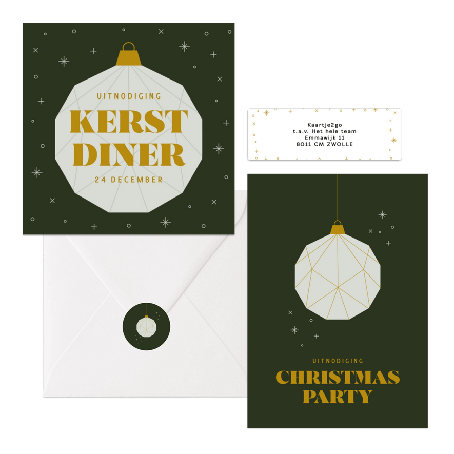 Uitnodiging Kerstdiner Donkergroen Met Kerstbal Kaartje Go