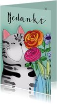 Bedankkaart kat met vaas bloemen - SK