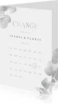 Change the date kaart kalender eucalyptustak in zilver