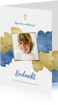 Communiekaart bedankt blauw aquarel metallic