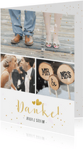 Dankeskarte Hochzeit mit 3 Fotos und goldener Schrift