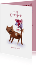 Dierenkaart met kat die bos bloemen en groetjes brengt