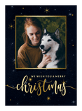 Donkere kerstkaart sterren en foto in gouden kader