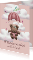 Einladung Willkommensfest Bär rosa mit Fallschirm