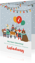 Einladungskarte Kindergeburtstag Wintertiere mit Luftballons