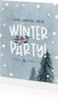 Einladungskarte Winterparty Schnee & Tannen