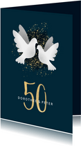 Einladungskarte zur goldenen Hochzeit dunkelblau mit Tauben