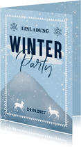 Einladungskarte zur Winterparty mit Berg und Schnee