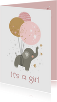 Felicitatiekaart geboorte - olifant meisje ballonnen