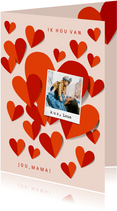 Fotokaart moederdag met rode harten op roze achtergrond