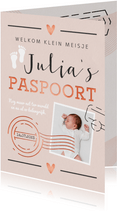 Geboortekaartje meisje paspoort made with love stempels