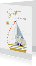 Geboortekaartje met geïllustreerd olifantje in zeilboot