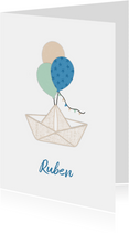 Geboortekaartje papieren bootje ballonnen blauw
