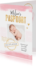 Geboortekaartje paspoort waterverf meisje stempels goud