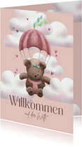 Glückwunschkarte Geburt rosa Bär mit Fallschirm