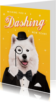 Grappige nieuwjaarskaart met hond in smoking 'Dashing'