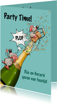 Grappige uitnodiging met muizen en fles champagne