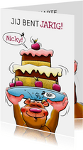 Grappige verjaardagskaart met beer en grote taart