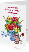 Grappige verjaardagskaart met een bos bloemen en katjes