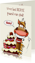 Grappige verjaardagskaart met paard en grote taart