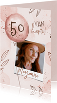 Hippe roze verjaardagskaart met foto leeftijd en ballonnen