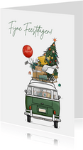 Kerst verhuiskaart achterkant busje met kerstboom 