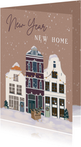 Kerst verhuiskaart huizen in sneeuw