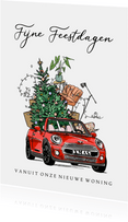 Kerst verhuiskaart met auto kerstboom en verhuisdozen