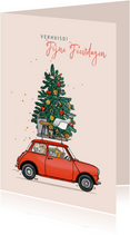 Kerst verhuiskaart mini rood met kerstboom