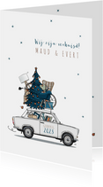 Kerst verhuiskaart Trabant wit met blauwe kerstboom