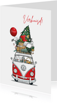 Kerst- verhuiskaart voorkant busje met kerstboom 