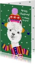 Kerstkaart alpaca winter kleurrijk sterren