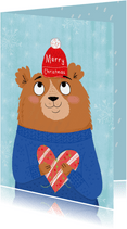 Kerstkaart beer met hartcadeau