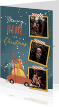 Kerstkaart illustraties van een auto en kerstboom