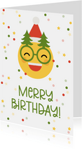 Kerstkaart merry birthday emoji met kerstbril