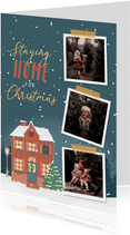 Kerstkaart met illustratie van een huis en fotocollage
