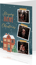 Kerstkaart met illustratie van een huis en fotocollage