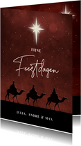Kerstkaart met silhouet van 3 koningen op kamelen en ster